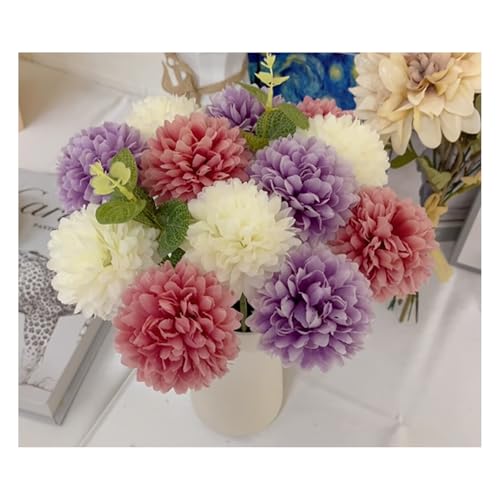 Artificial Silk Chrysanthemums with Eucalyptus, 12" Faux Mums | 12 Stems (Purple, White, Fuchsia) + 3 Eucalyptus, Plastic Stems Bendable, for Home Table Wedding Party Office Decor - size: 15pcs