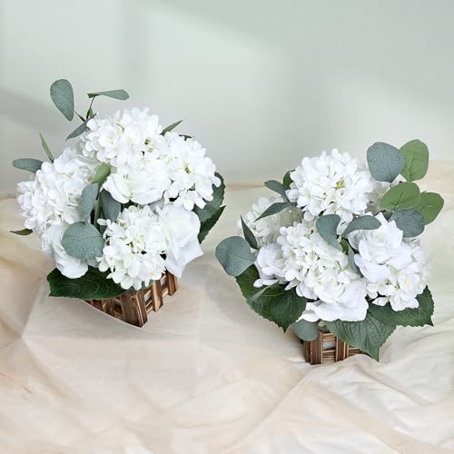 11.8’’ Tall Free Standing Artificial Flowers, 4Pcs Artificial Flowers Arrangement with Basket, Spring Fake Rose Hydrangea Decorations for Wedding Archway Aisle Welcome Entrance Table (White) - color: White