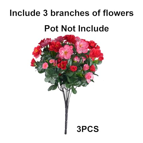 Artificial Fake Outdoor Flowers Plants, Faux Silk Camellia Bundles UV Resistant No Fade Realistic for Planter Pot, Outside Porch Patio Balcony Garden Yard Home Decoration, 3 Large Bundles(Melon Red) - color: Melon Red+red