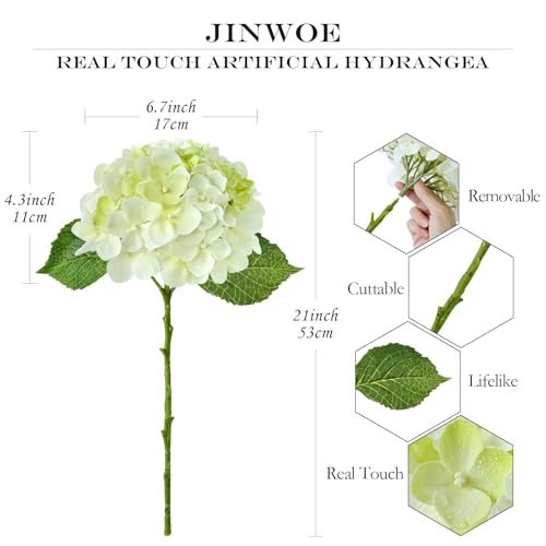 JINWOE Hydrangea Artificial Flowers, Green/White 4Pcs 21” Latex Real Touch Flowers, Full Faux Silk Flowers Fake Artificial Hydrangeas with Stems for Bouquet Table Centerpieces Wedding Baby Showers - color: Green/White