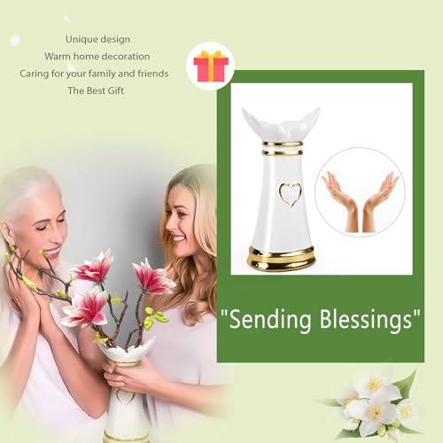 LoveLin Artificial Flowers Pink with Ceramic Vase - Ready-to-Display Home Decor Indoor for Living Room, Dining Table, Office, Wedding & Housewarming, Magnolia Flower & White Vase - color: Pink/White