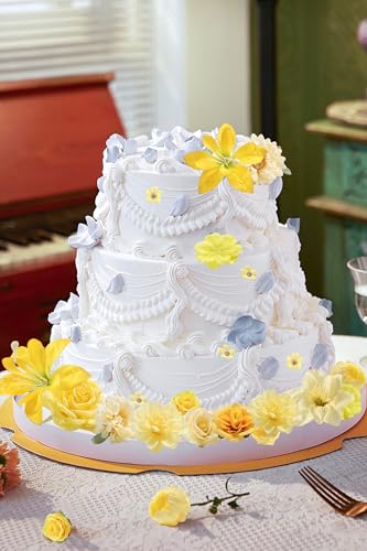 rongflower Fake Flower Heads for Crafts - Yellow Silk Artificial Roses, Peonies, Daisies & Mini Floral Heads Bulk (48-Pack) for Wedding Decor, Graduation Cap, Cake Topper, Baby Shower, Home Decoration - color: Yellow