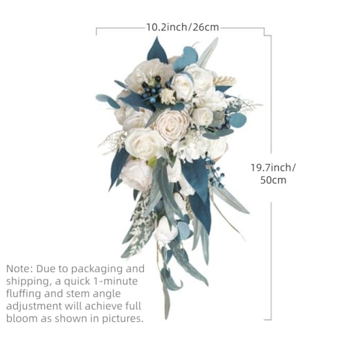 10.2 Inch Cascading Bridal Bouquet Waterfall Cascade Bridal Wedding Bouquet for Bride Rustic with Artificial Champagne Rose Flower and Peacock Blue Leaves - color: Champagne Rose & Peacock Blue Leaves