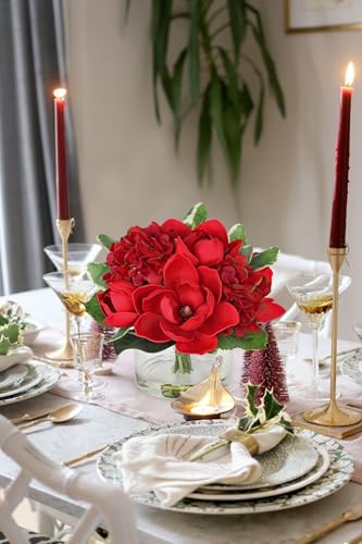 Briful Artificial Magnolia and Hydrangea Flower Arrangement in Glass Vase 9.4" Realistic Red Silk Fake Flower with Faux Water Fake Floral Centerpieces for Home Room Office Table Shelf Décor - color: Red