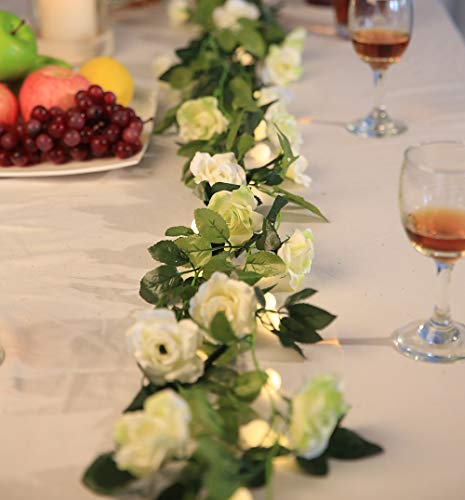 JUSTOYOU 2 Pack (15.8FT) Fake Rose Garland, Artificial Rose Vines Flowers Hanging Silk Rose Vine Wedding Home Backdrop Party Arch Arrangement Decoration - color: Off White+green