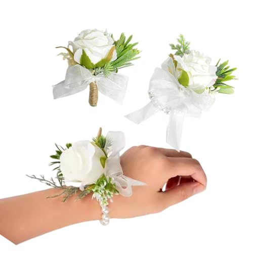 Rikyo Rose Wrist Corsage Wristlet Band Bracelet and Men Boutonniere Set, 2 Pack, Corsage for Prom, Bride Hand Flower, Wedding Flowers Ceremony Party Prom Decor, Handmade Petals Hair Hat Wreath (White) - color: White
