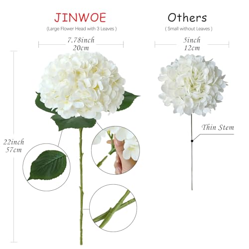 JINWOE White Hydrangea Artificial Flowers, 4Pcs 22" Large Lifelike Faux Silk Flowers, Full Fake Artificial Hydrangeas with Stems for Bouquet Table Centerpieces Home Outdoor - color: White