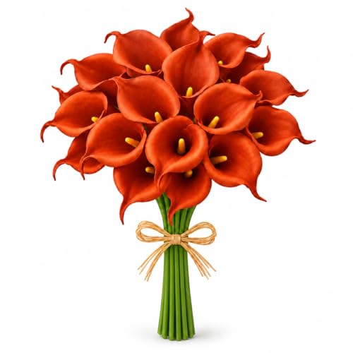 Mandy's 20pcs Burnt Orange Calla Lily Artificial Flowers | 13.5 Inch PU Realistic Bouquet for Vase Elegant Home Decor Centerpiece Wedding Bridal Bouquet Table Decoration - color: Burnt Orange