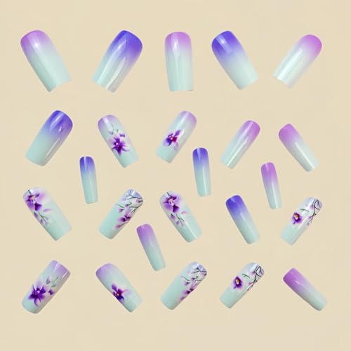Flower Press on Nails Medium Square Fake Nails Purple False Nails with Gradient Designs Floral Glossy Stick on Nails Beautiful Glue on Nails Spring Acrylic Nails for Women Girls 24 Pcs - color: Flower Square29