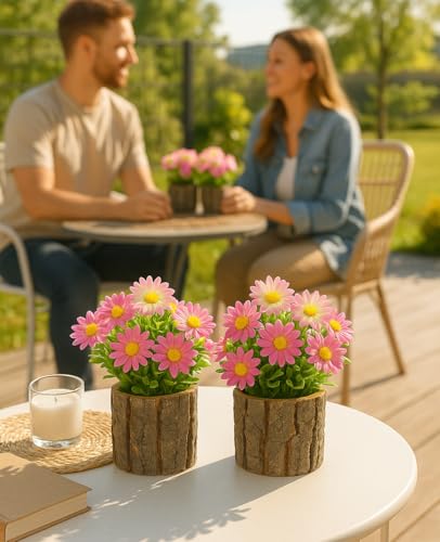 AceList Artificial Flowers Set of 2 - Rustic Farmhouse Decor for Bathroom Shelf, Office Desk Small Faux Daisy Potted Plants with Real Wood Bark Texture Centerpiece & Gifts for Women - color: Pink