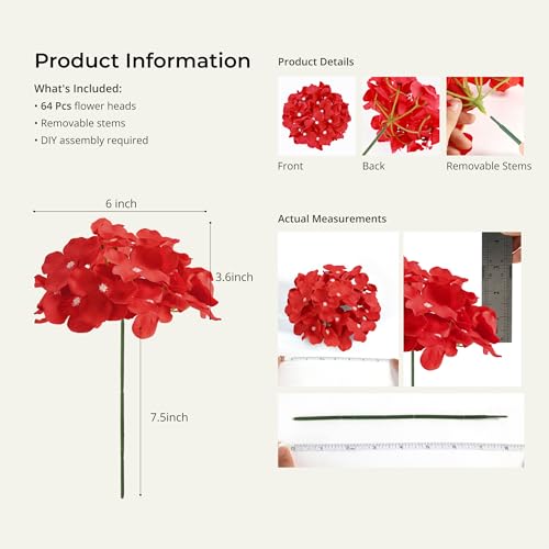 Auihiay 64pcs Hydrangea Artificial Flowers, Red Fake Hydrangea Flowers with Stems, Artificial Hydrangea Flowers for Wedding Centerpieces, Home Garden Party Decoration (Red) - color: Red