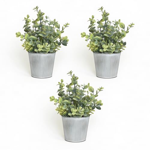 3-Pack Artificial Eucalyptus Plants in White Ribbed Galvanized Metal Pots, Small Fake Greenery Potted Plants for Home Decor, Rustic Farmhouse Table Centerpiece for Kitchen, Bathroom, Bedroom & Office - color: Eucalyptus Plants
