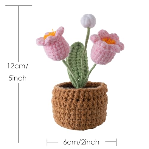 Handmade Crochet Flowers, 5 Inches Small Potted Plants, Knitted Canterbury Bells Desk Decorations for Home Office Decor (Two Heads) - color: 3：canterbury Bells