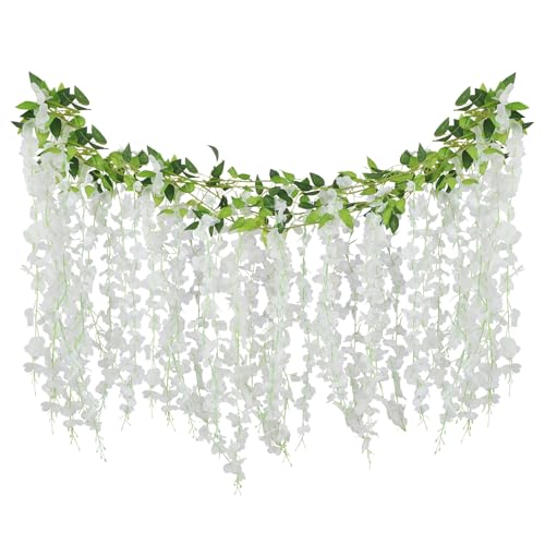 ARTKAIKE Artificial Flowers Garland for Home Decor, Fake Wisteria Vine Silk Hanging Plant Flower for Room Bathroom Wall Kitchen Bedroom Garden Outdoor Wedding Decor (4, White) - color: White