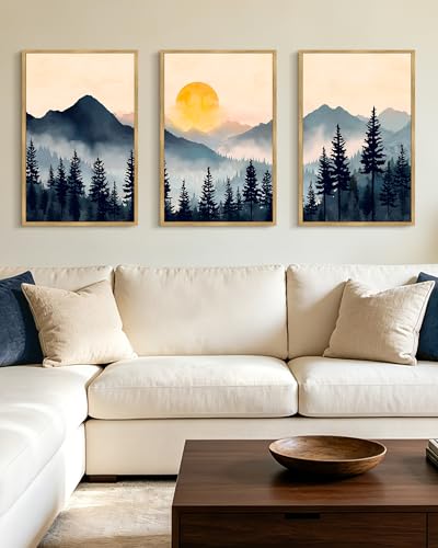 PHOPAGO Blue Fog Pine Tree Mountain Landscape Framed Wall Art Large 16x24in Retro Watercolor Nature Misty Forest Artwork Paints Sun Rise Rustic Farmhouse Home Decor - Natural Framed - color: Blue Mountain, size: 24L" x 16W" x 3 Pcs Natural