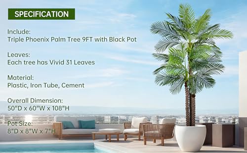 Artificial Triple Phoenix Palm Tree 9ft with 31 Leaves Realistic Tropical Coconut Areca Sago Palm Tall Large Faux Plant 106 Inch Black Pot for Indoor Home Office Porch Mall School Decor - size: 9ft