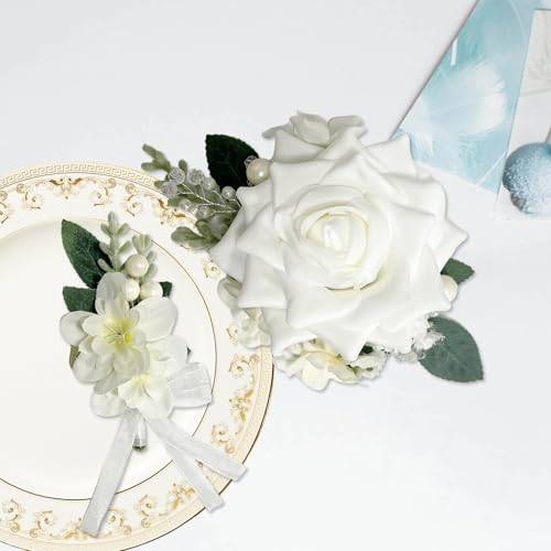Corsage and Boutonniere Set for Bride Groom Bridesmaids Groomsmen Wedding Prom Homecoming Boutonniere and Corsage Wristlet (White) - color: White