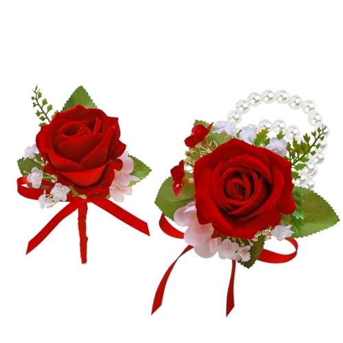 CherishedMoments Corsage and Boutonniere Set, Red Rose Handmade Artificial Flower Wrist Corsage and Groom Boutonniere for Men Wedding, Bridesmaid Hand Flower for Wedding,Prom Suit Decorations - color: Red