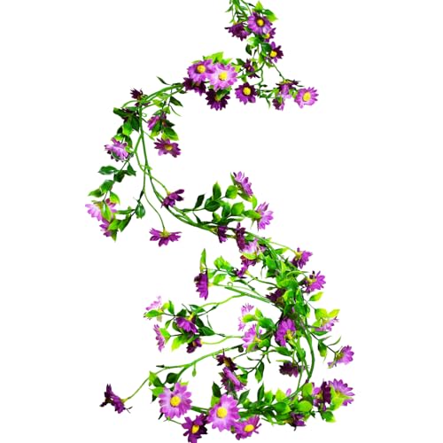 Purple Spring Flower Garlands - Hanging Daisy Flower Vines - Fake Mini Artificial Sunflower Silk Flowers Ivy for Backdrop Fence Wedding Arch Home Garden Baby Shower Wall Decor, 6.6FT - color: Purple