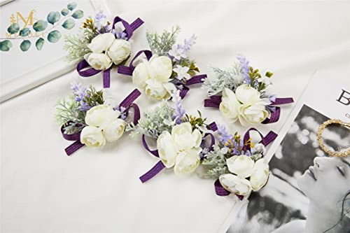 6Pcs White and Purple Artificial Silk Wrist Corsage for Wedding Prom | Faux Wrist Corsage with Purple Ribbon for Homecoming Prom Anniversary Formal Party and Bridal Shower for Bride and Bridesmaid - color: Purple2# Wrist Corsage (Set of 6)
