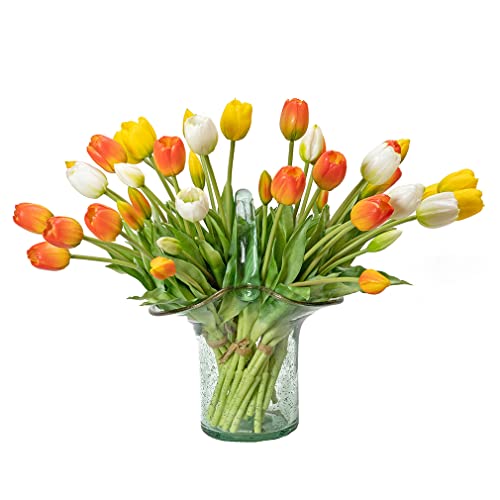 DUYONE 40Pcs Artificial Tulips Flowers, Soft Touch Realistic Latex Tulips Bouquet for Home Office Wedding Party Garden Decor, Fake Flowers for Centerpieces Dining Table Living Room Spring(Orange Set) - color: A Style-40pcs Orange Set(no Vase)