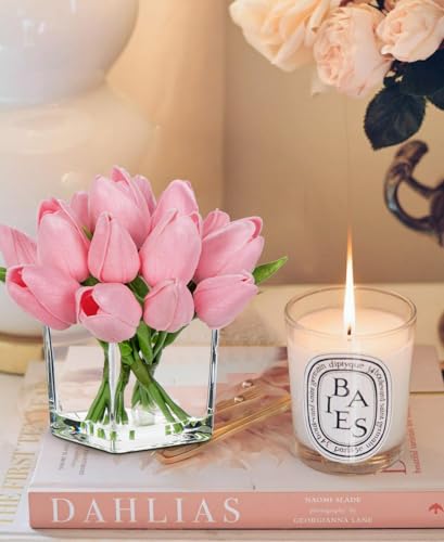 DILATATA Artificial Pale Pink Tulips in Vase with Faux Water 5.5" Real Touch Flowers Fake Tulips Small Flowers Arrangement in Cube Glass Vase for Mother's Day Table Centerpiece Wedding Home Decor - color: Square Vase/Pale Pink/1 Set