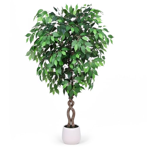 Jocoevol 5FT Artificial Ficus Tree, Tall Faux Trees Indoor with White Planter, Dried Moss, Natural Silk Leaves & Trunk, Fake Plants for Home Living Room Office Corner Decor Housewarming Gift - color: Green, size: 5ft