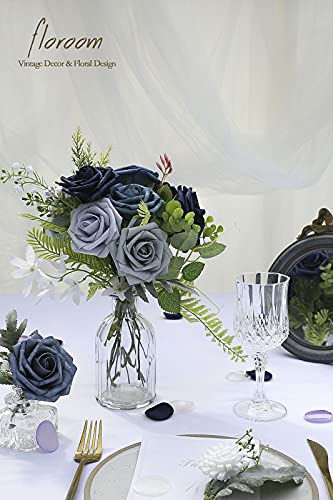 Floroom Artificial Flowers 25pcs Real Looking Dusty Blue Ombre Colors Foam Fake Roses with Stems for DIY Wedding Bouquets Bridal Shower Centerpieces Floral Arrangements Party Tables Home Decorations - color: Shades of Blue