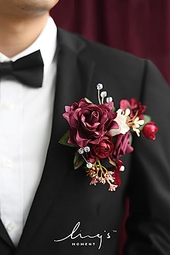 Ling's moment Pocket Boutonniere Single, Boutonniere for Men Groom for Wedding, Prom, Homecoming, Anniversary, Graduation, etc.Burgundy Marsala, 6" W x 5" H - color: Red-burgundy & Marsala, size: 6" W x 5" H