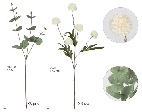 Fake Kiku Flowers,8 Stems Artificial Mum Flower with 3 Branches Eucalyptus Stems White Faux Flowers Silk Pom Pom Balls for Wedding Bouquet Home Office Party Floral Arrangements(White) - color: White