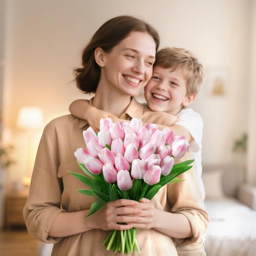 U'Artlines 30Pcs Fake Tulips Artificial Flowers with Stems Faux Tulips Bouquet Real Touch Flower for Wedding Home Kitchen Spring Easter Mother's Day Floral Arrangement Decor (Light Pink) - color: Light Pink