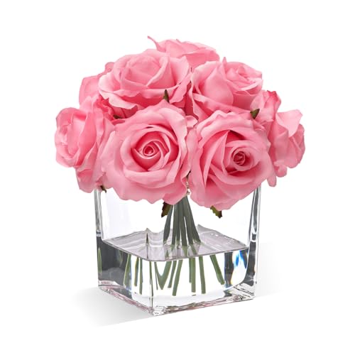 WELL KNOWN Rose Artificial Flowers in Vase with Faux Water, Silk Rose Table Centerpieces for Home Coffee Table Decor, Fake Roses Flower Arrangements for Office Hotel Lavatory Decor (Pink) - color: Pink