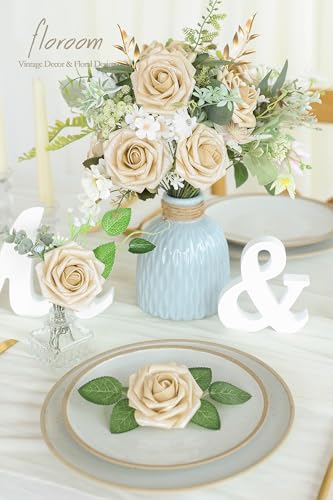 Floroom Artificial Flowers 25pcs Real Looking Champagne Gold Foam Fake Roses with Stems for DIY Wedding Bouquets Bridal Shower Centerpieces Floral Arrangements Party Tables Home Decorations - color: Champagne Gold Rose, size: 25Pcs