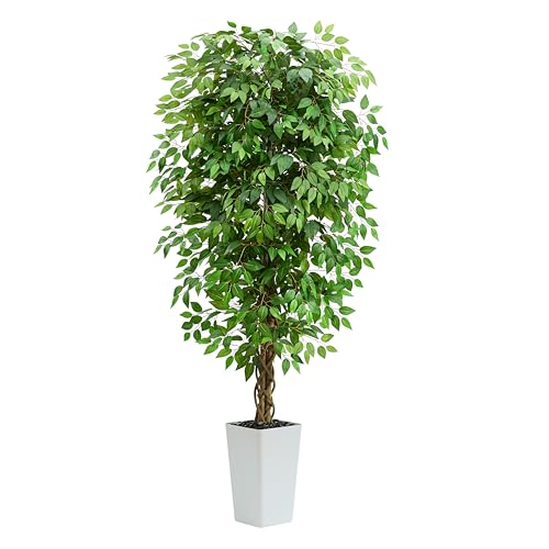 7FT Artificial Ficus Tree, 84 Inch Realistic Faux Silk Ficus Floor Plant with White Planter & Pebbles, Tall Fake Potted Tree for Indoor Home Office Living Room Corner Decor - color: White, size: 7 ft