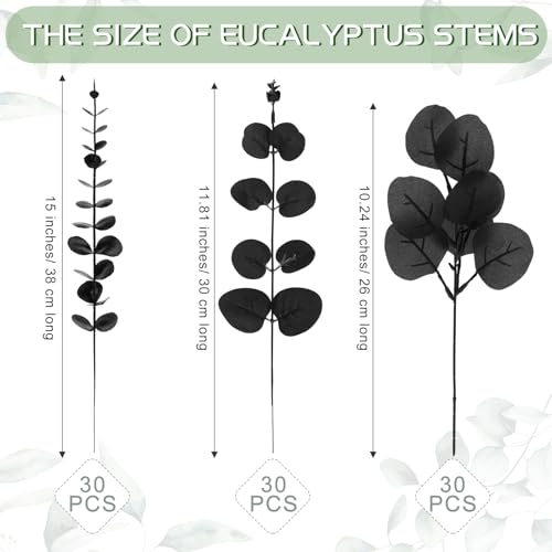 Giegxin 90 Pcs 3 Kinds Mixed Artificial Eucalyptus Leaves Stems Bulk Silver Dollar Leaves Picks Dried Eucalyptus Bundle Faux Spray for Wedding Vase Bouquet Floral Arrangement (Black) - color: Black