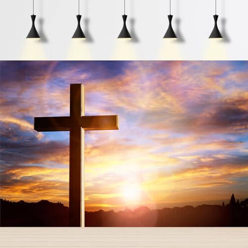 Jesus Christ Cross Backdrop Crosses On Mountain Sunrise Sunset Photography Background Crucifixion Church Event Background Sepulcher Lord Pray Christian Backdrop Easter Religious Belief Props 5x3ft - color: Orange_Blue, size: 5x3ft
