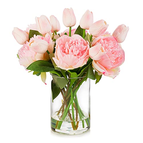 ENOVA FLORAL Artificial Flower Arrangement with Vase, Faux Flower in Vase, Mixed Artificial Real Touch Tulip and Fake Silk Peony Flower in Vase for Decoration Home Office Centerpiece (Pink) - color: T& Peony Pink