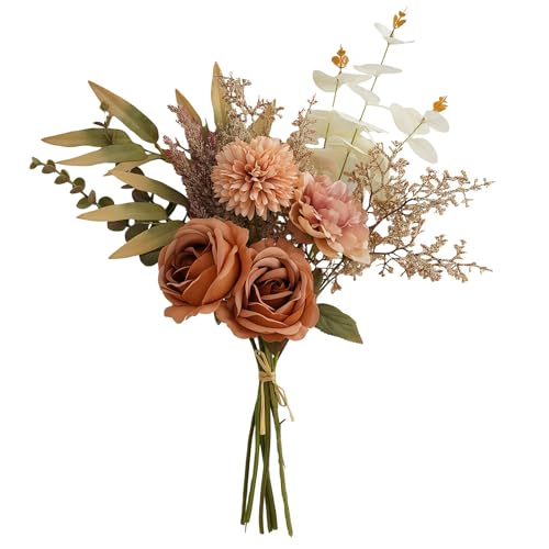 Artificial Flowers Bouquet - Faux Silk Flowers Centerpiece, Realistic Fake Flowers Plants for Home Decor Dining Table, Indoor Vase, Wedding Bouquet Arrangements (Orange) - color: Orange