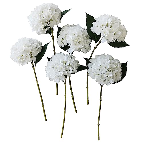 White Hydrangea Artificial Flowers,6 Pcs Faux Artificial Hydrangeas Flowers with Stems,Fake Silk Hydrangeas Flowers with Stems for Home Decor (6, White) - color: White