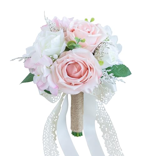 Wedding Bouquets for Bride Bridesmaid, Artificial Dusty Rose Bride Flower Bouquet for Wedding Church Decoration Ceremony, Anniversary, etc, Roses Flowers - color: Dusty Rose & Blush & White