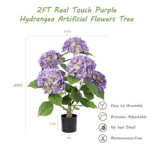 Nafresh 2FT Real Touch Faux Hydrangea Tree Outdoor, 2 Pack Purple Hydrangea Tree Artificial with Vibrant Blooms, Faux Hydrangea Potted Plant for Indoor Outdoor Home Front Porch Pation Decor - color: Purple, size: 2ft