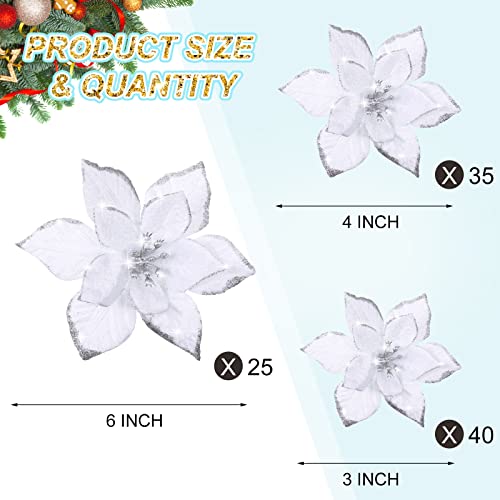 Geosar 100 Pcs 3 Size Christmas Poinsettia Flowers with Clips Glitter Artificial Flowers Small Christmas Tree Ornaments Faux for Xmas Party DIY Craft Wreath Garland New Year, 3/4/6 Inches(White) - color: White