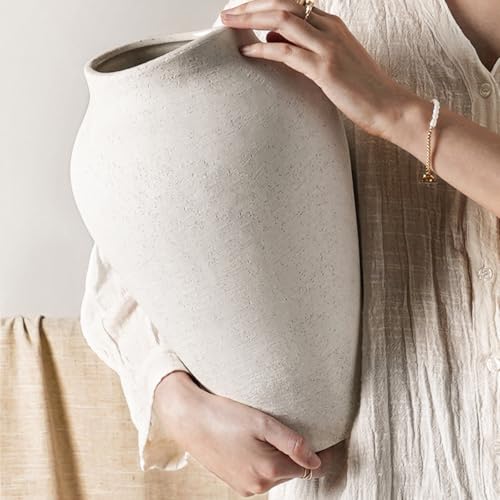 White Ceramic Vase - Large 13.6 Inch Tall Floor Vase for Centerpieces, Farmhouse Flower Vases, Rustic Minimalist Home Decor for Living Room, Enterway, Wedding (Sandstone White) - color: 13.6 Inch-sandstone White
