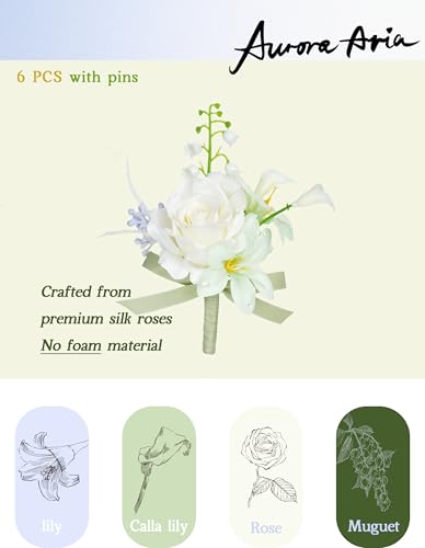 AuroraAria Pearl White Boutonniere for Men,Set of 6,Groom Boutonniere for Wedding,Anniversary,Homecoming,Formal Dinner Party,Wedding Decor,Artificial Pearl White Rose - color: Pearl White