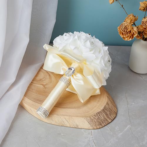 Wedding Bouquets for Bride, Bridal Flowers for Wedding, Bride Bridesmaid Hand Flowers Bridal Bouquet Crystal Diamond Silk Roses, Artificial Flowers Bouquet for Church Wedding Party (Beige) - color: Beige