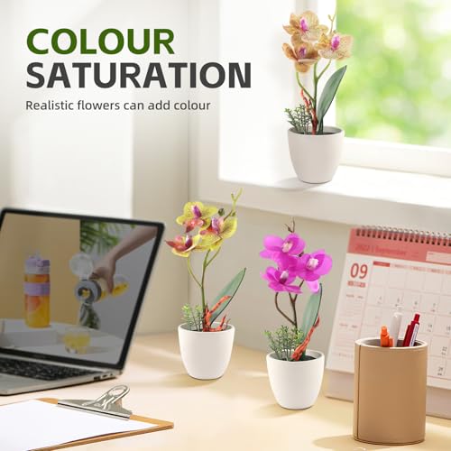 2Pcs Artificial Orchid Fake Flowers Faux Phalaenopsis Ceramic Vase Small Potted Plant for Home Office Desk Bathroom Wedding Decor(Purple & Yellow) - color: Purple & Yellow