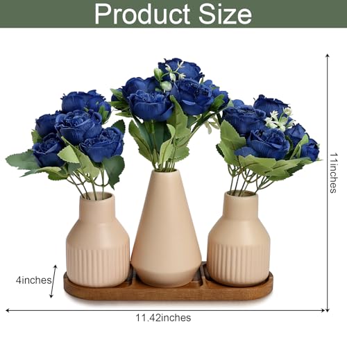 Flower Table Centerpiece - Dining Table Centerpiece Decor Set of 3 Fake Peonies in Ceramic Vases & Wood Tray Modern for Kitchen Island Living Room Coffee Table Home Decor (Royal Blue) - color: Royal Blue
