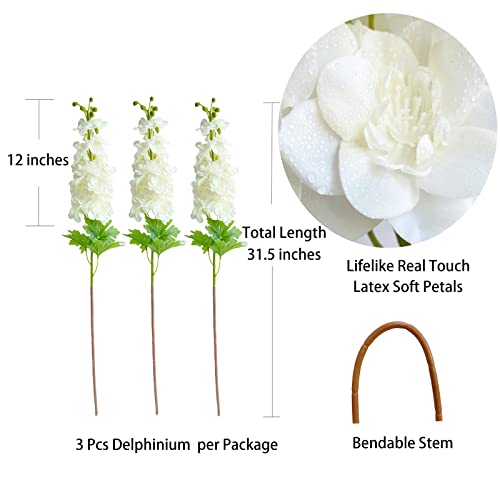 YalzoneMet 3 Pcs White Delphinium Artificial Flower, Real Touch Latex Delphinium Flower, Big 31.5'' Long Stem Lifelike Fake Silk Larkspur for Home Outdoor Wedding Flora Table Centerpiece - color: White