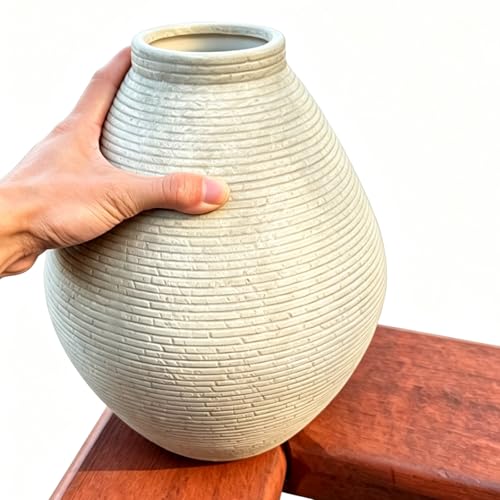 Rustic Ceramic Planter Pot, Terracotta Floor Vase with Textured Ribbed Design, Large Home Decor for Table Centerpiece, Farmhouse Style (Gray)