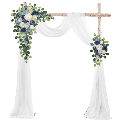 Odouzy Wedding Arch Flowers Kit,Artificial Flower Arch Decor (Set of 3),2pcs Artificial Flower Arrangement with 1pc Sheer Drape for Wedding Decor Reception Backdrop Floral Decorations (Blue) - color: Blue